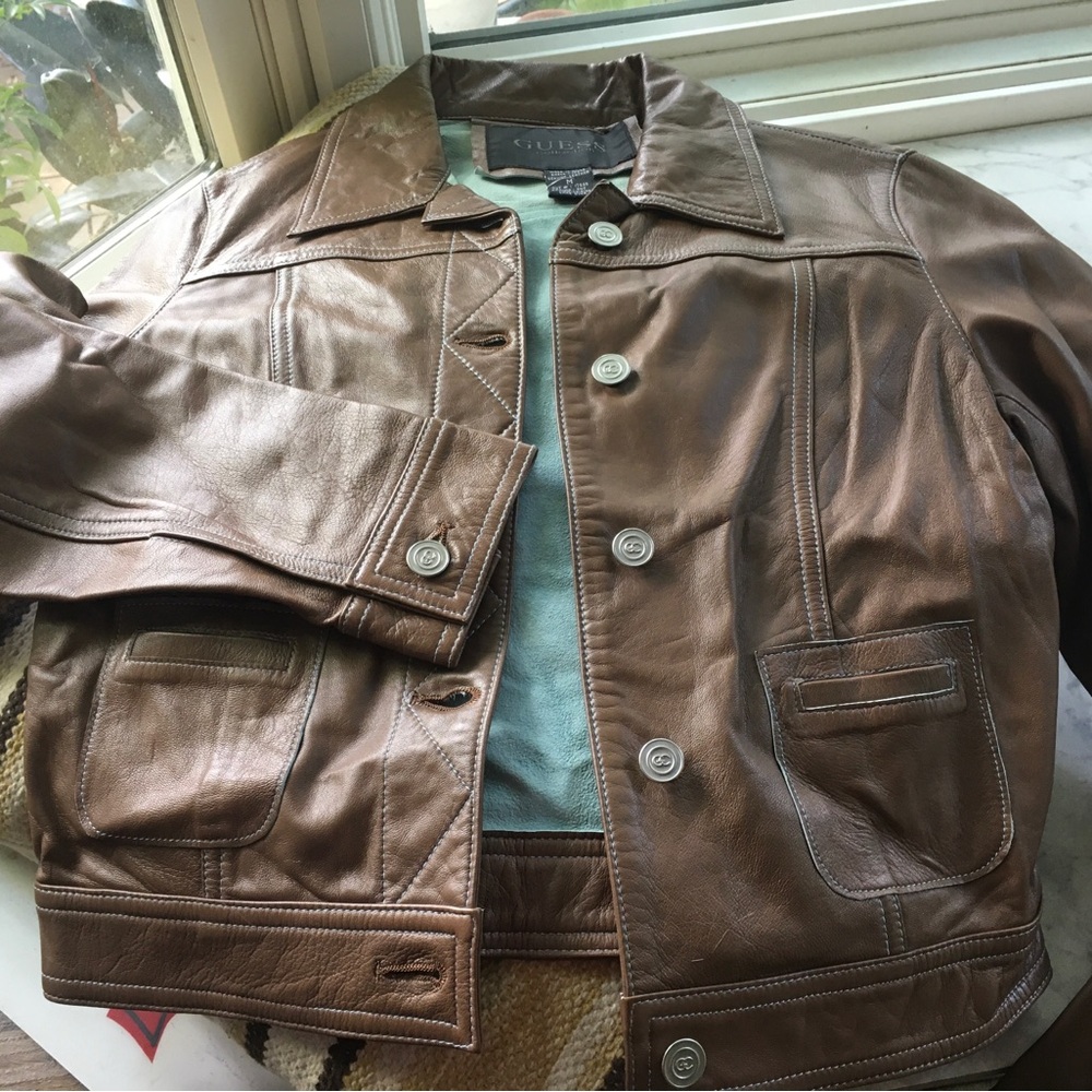 GUESS Brown Leather Jacket with Light Blue Lining